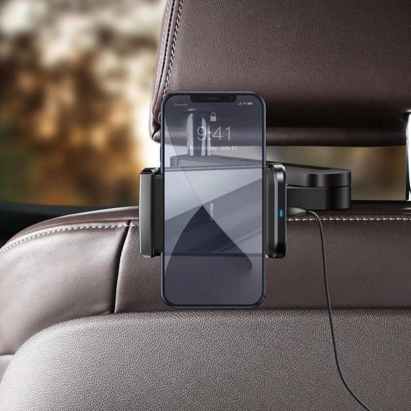 Automobilinis telefono laikiklis su galvos atrama su Qi 15 W belaidžiu įkrovikliu, juodas