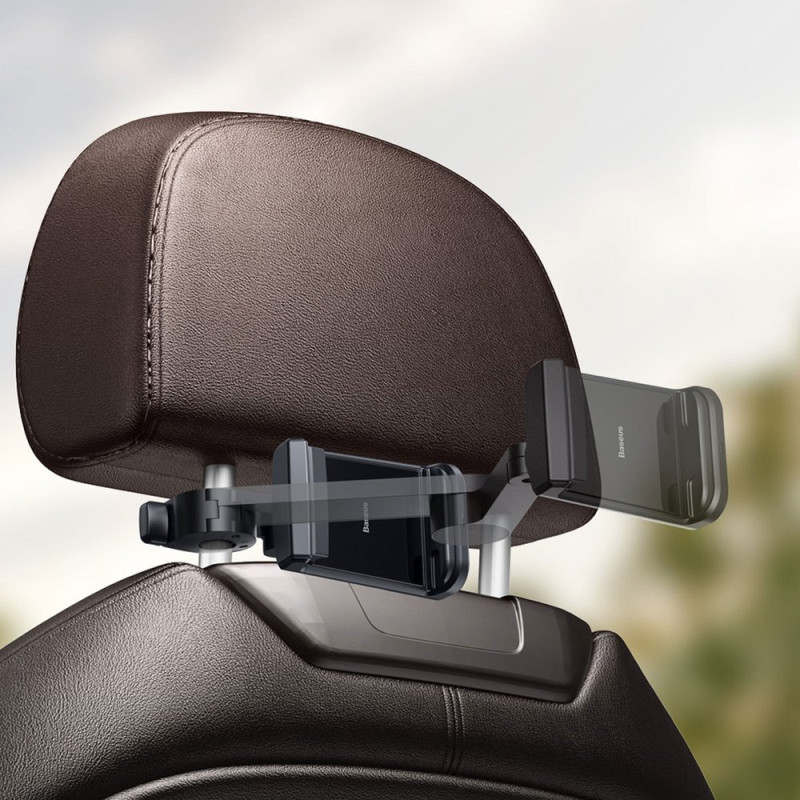 Automobilinis telefono laikiklis su galvos atrama su Qi 15 W belaidžiu įkrovikliu, juodas