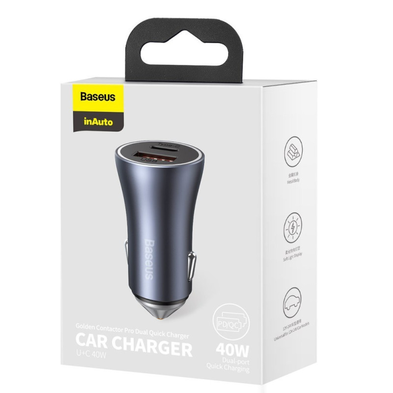Greitas USB-C + USB 40W automobilinis įkroviklis Golden Contactor Pro pilka