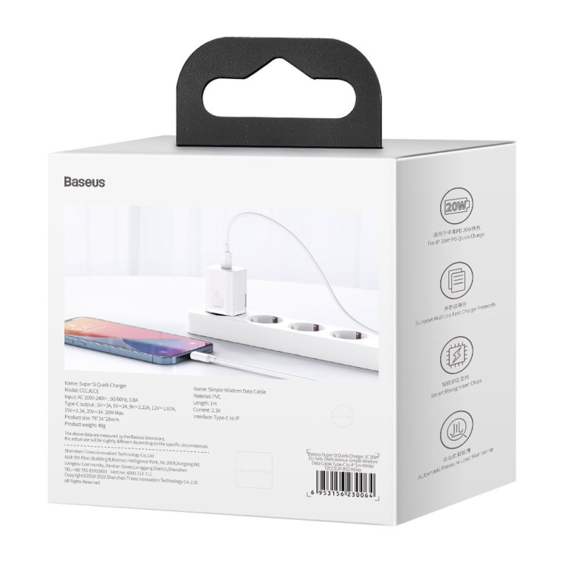 Greitas įkroviklis iPhone Super Si 1C 20W maitinimo tiekimas + USB-C - Lightning kabelis 1m baltas