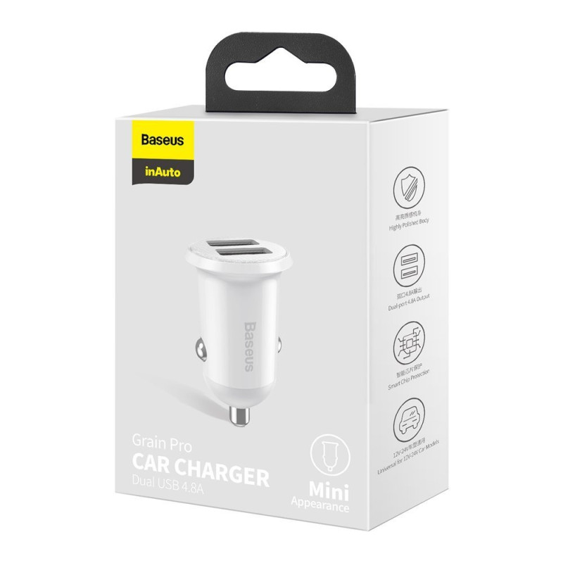 Grain Pro 2x USB 4.8A automobilinis įkroviklis cigarečių degiklio lizdui, baltas