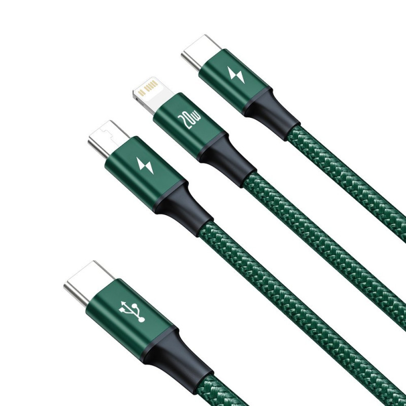 Rapid 3in1 kabelis USB-C - USB-C / Lightning / micro USB 20 W 1,5 m žalias