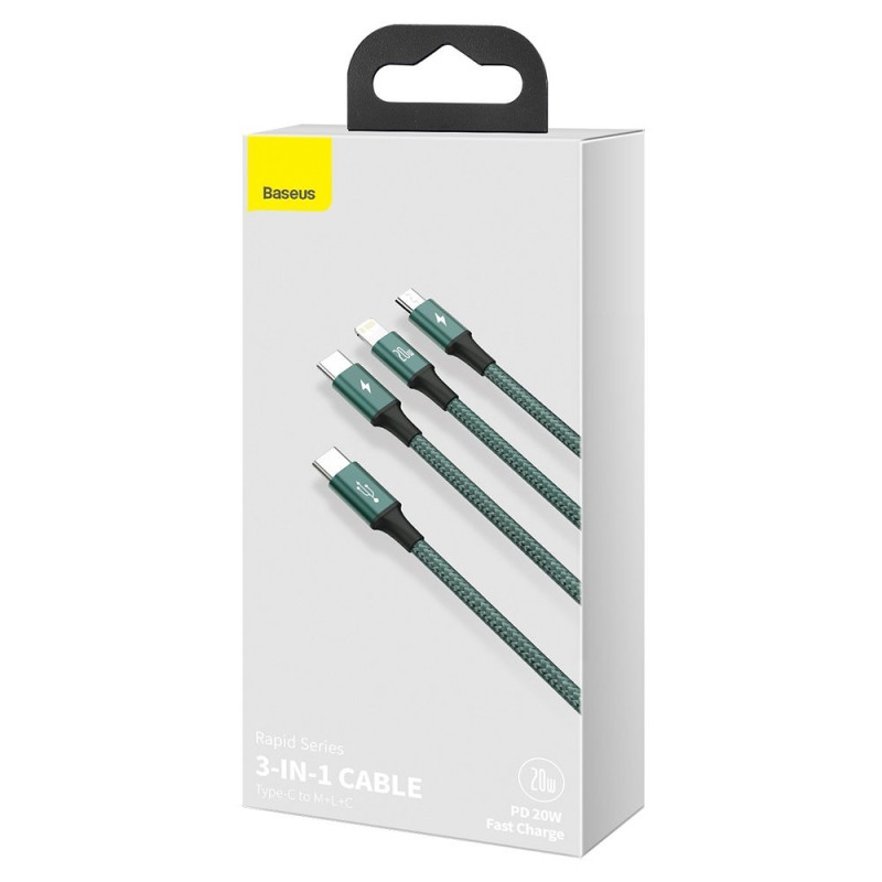 Rapid 3in1 kabelis USB-C - USB-C / Lightning / micro USB 20 W 1,5 m žalias