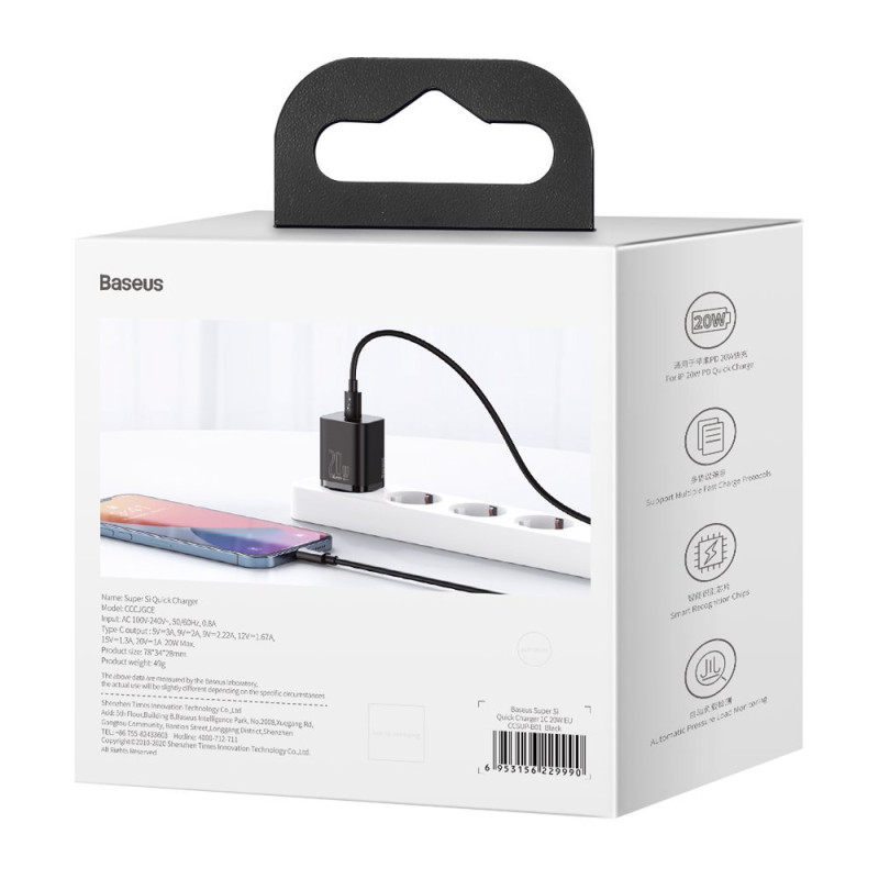 Super Si 1C USB-C 20W Power Delivery greitas įkroviklis, juodas