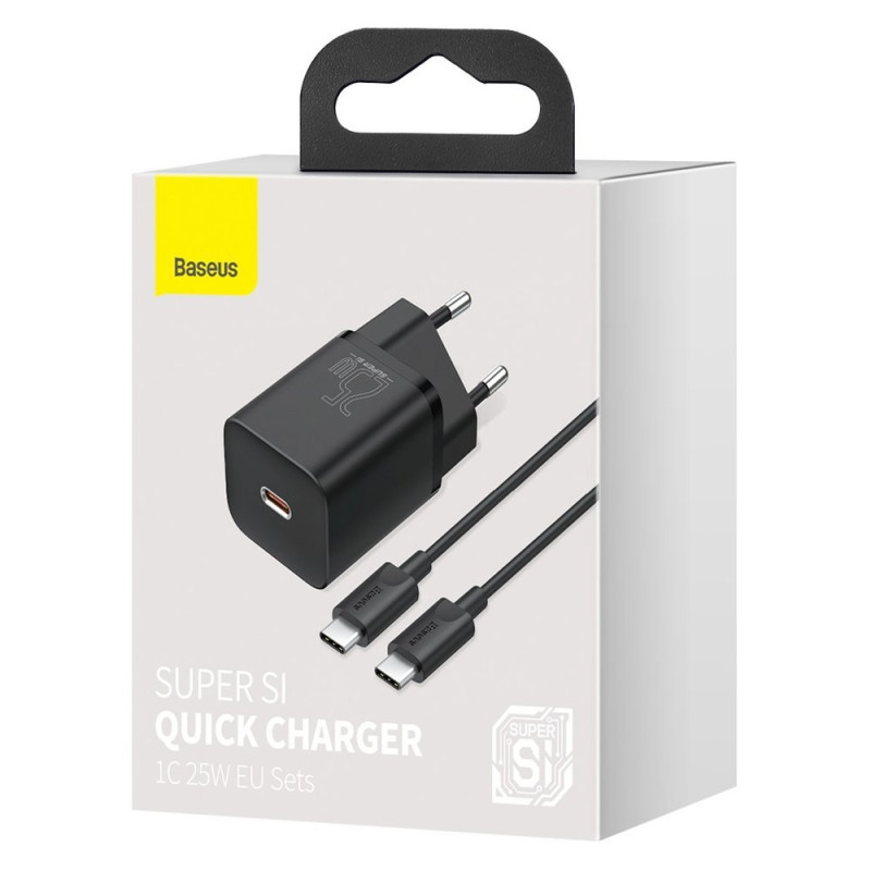 Super Si QC PD 25W 3A greitas įkroviklis + USB-C laidas 1m juodas
