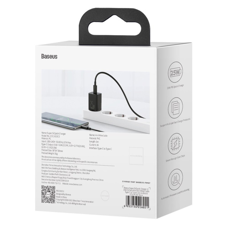 Super Si QC PD 25W 3A greitas įkroviklis + USB-C laidas 1m juodas