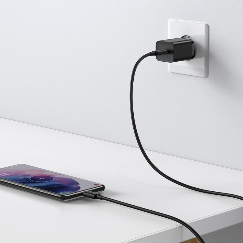 Super Si QC PD 25W 3A greitas įkroviklis + USB-C laidas 1m juodas