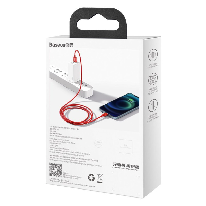 Puikus iPhone USB laidas - Lightning 2.4A 1m raudonas