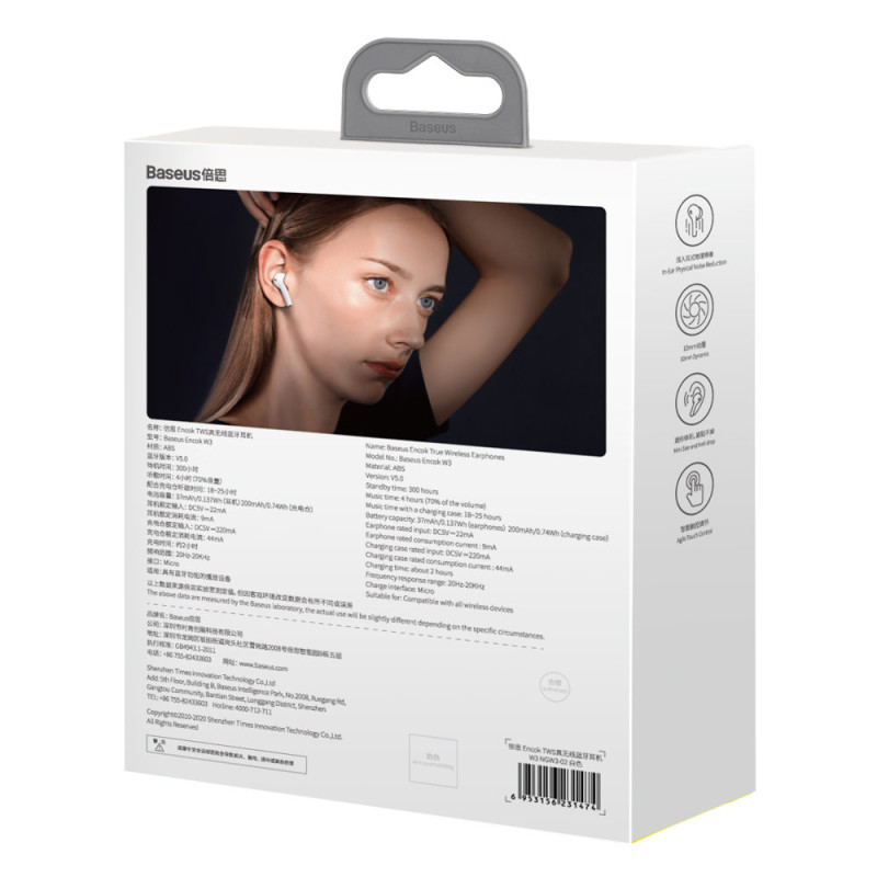 W3 Bluetooth 5.0 TWS belaidės ausinės, įdedamos į ausis, atsparios vandeniui IP55, baltos spalvos