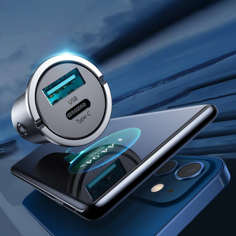 Greitas USB-C automobilinis įkroviklis USB 45W 5A PD QC 3.0 AFC SCP pilka
