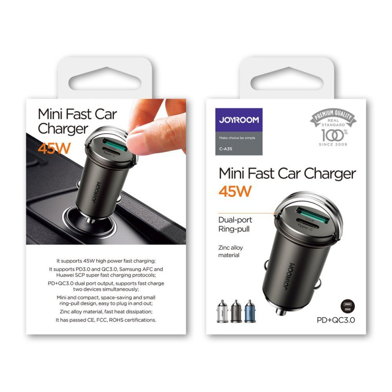 Greitas USB-C automobilinis įkroviklis USB 45W 5A PD QC 3.0 AFC SCP pilka