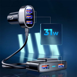 
Greitas automobilinis įkroviklis 5x USB 6.2A su ilgintuvu, juodas
