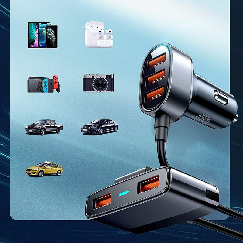 Greitas automobilinis įkroviklis 5x USB 6.2A su ilgintuvu, juodas