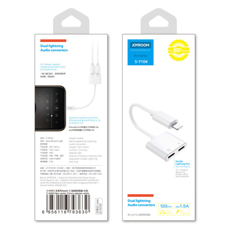 Adapterio ausinių skirstytuvas iPhone Lightning – Lightning 3,5 mm mini lizdas baltas