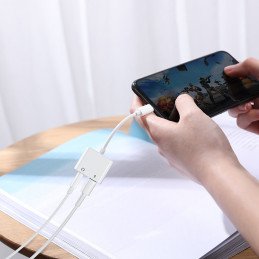 
Adapterio ausinių skirstytuvas iPhone Lightning – Lightning 3,5 mm mini lizdas baltas
