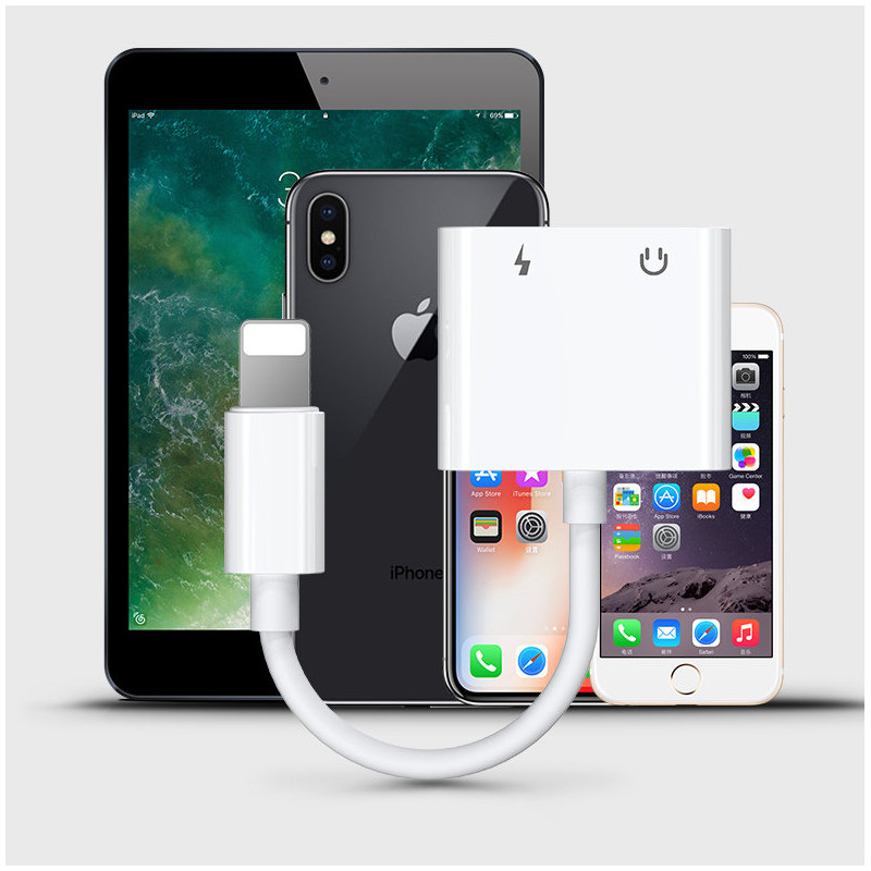 Adapterio ausinių skirstytuvas iPhone Lightning – Lightning 3,5 mm mini lizdas baltas