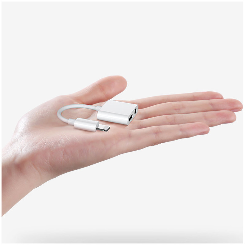 Adapterio ausinių skirstytuvas iPhone Lightning – Lightning 3,5 mm mini lizdas baltas