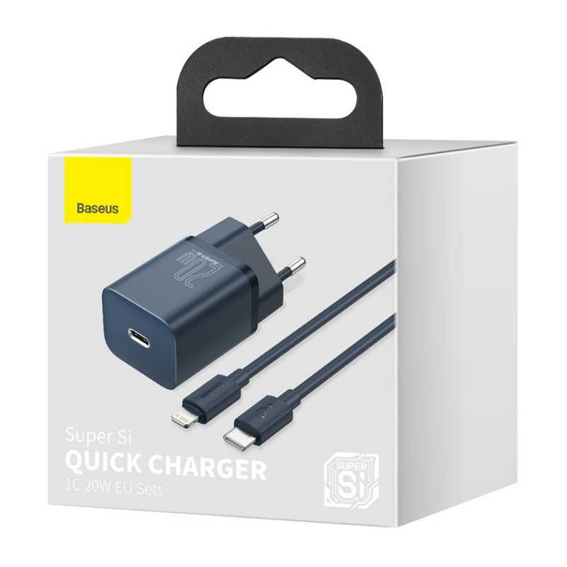 Super Si 1C greitas USB-C 20W PD įkroviklis + iPhone Lightning laidas 1m mėlynas