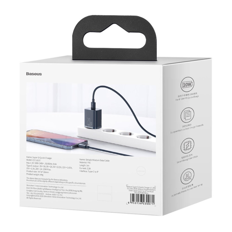 Super Si 1C greitas USB-C 20W PD įkroviklis + iPhone Lightning laidas 1m mėlynas