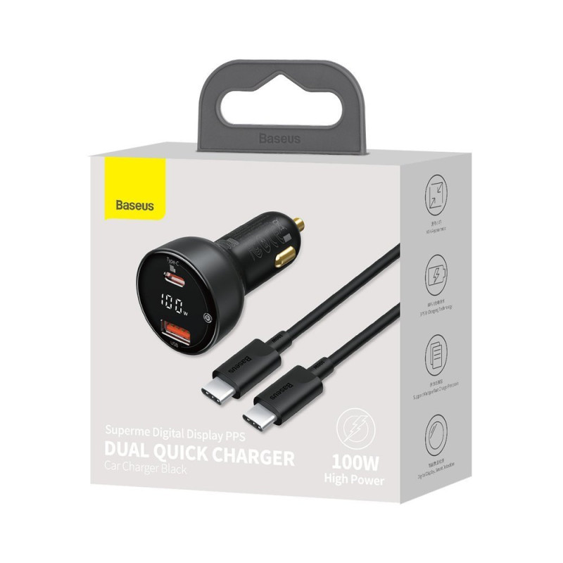 Superme USB greitas automobilinis įkroviklis USB-C PPS QC PD + 1m juodas laidas