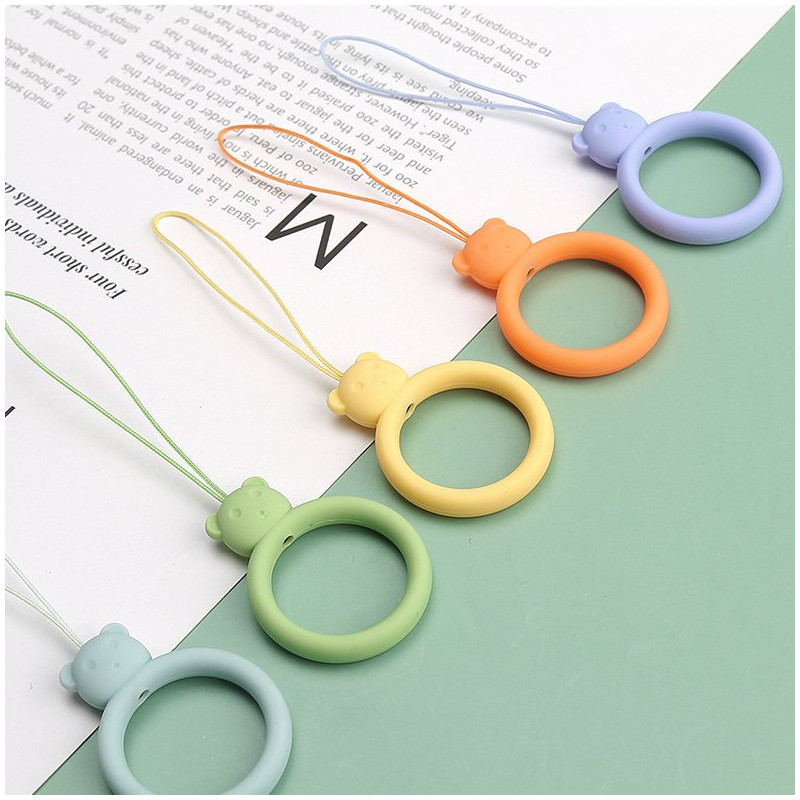 Silikono telefono dirželis, meškiuko pakabukas, žalias piršto žiedas