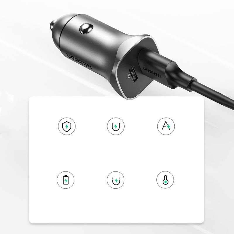 
USB-C USB 24W Power Delivery Quick Charge automobilinis įkroviklis, pilkas
