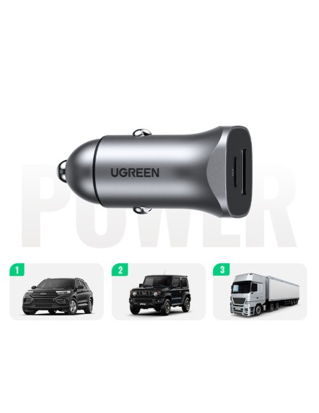 
USB-C USB 24W Power Delivery Quick Charge automobilinis įkroviklis, pilkas
