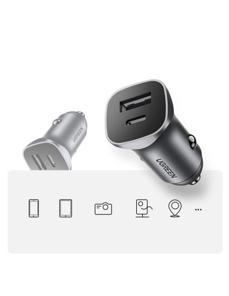 
USB-C USB 24W Power Delivery Quick Charge automobilinis įkroviklis, pilkas
