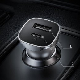 
USB-C USB 24W Power Delivery Quick Charge automobilinis įkroviklis, pilkas
