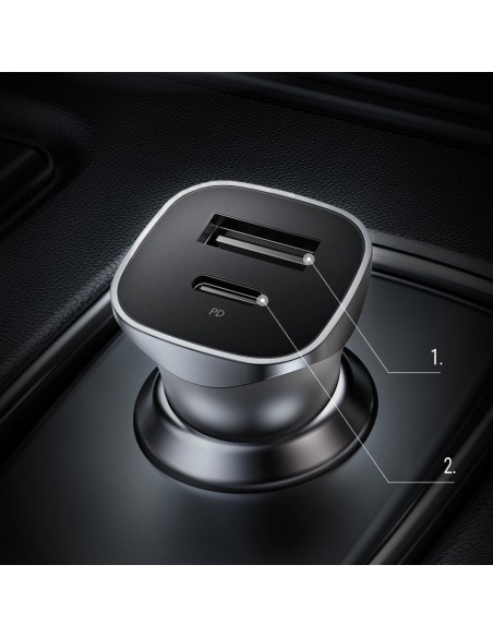 
USB-C USB 24W Power Delivery Quick Charge automobilinis įkroviklis, pilkas
