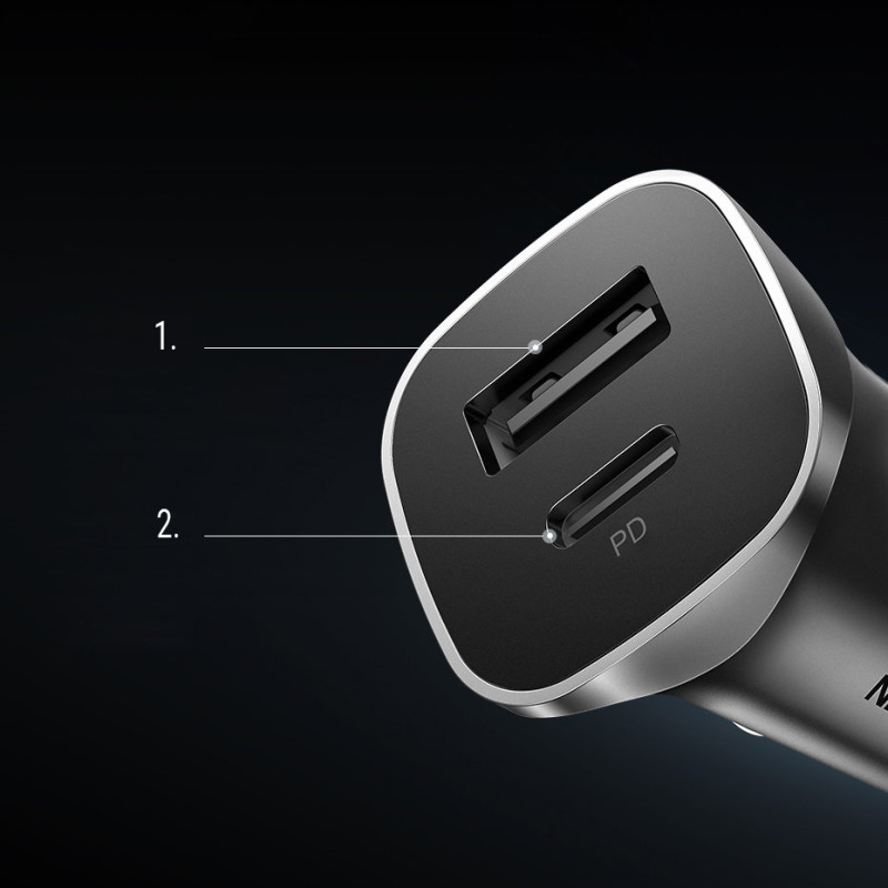 
USB-C USB 24W Power Delivery Quick Charge automobilinis įkroviklis, pilkas
