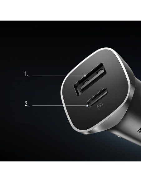 
USB-C USB 24W Power Delivery Quick Charge automobilinis įkroviklis, pilkas
