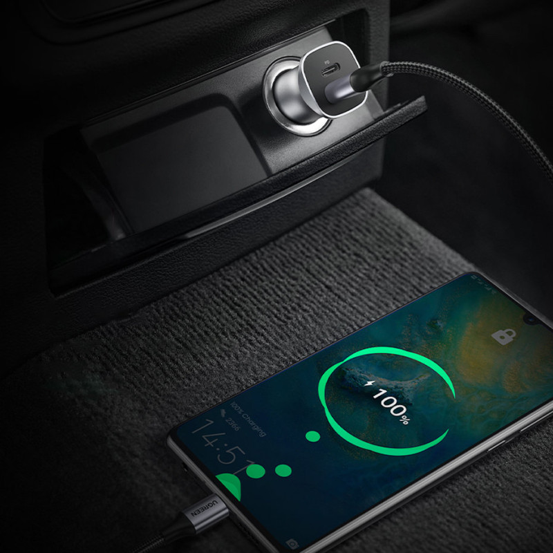 
USB-C USB 24W Power Delivery Quick Charge automobilinis įkroviklis, pilkas
