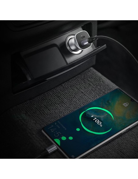 
USB-C USB 24W Power Delivery Quick Charge automobilinis įkroviklis, pilkas
