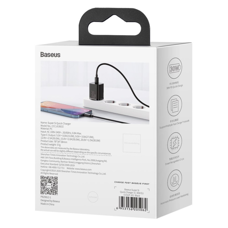 Super Si 1C greitas USB-C įkroviklis 30 W Power Delivery Quick Charge juodas