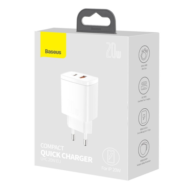 Kompaktiškas USB greitas įkroviklis USB-C 20W 3A PD QC 3.0 baltas