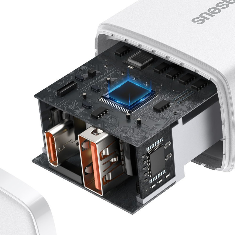 Kompaktiškas USB greitas įkroviklis USB-C 20W 3A PD QC 3.0 baltas