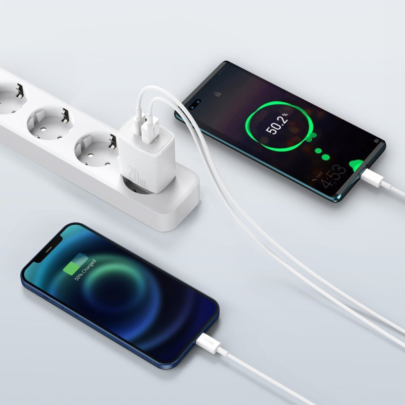 Kompaktiškas USB greitas įkroviklis USB-C 20W 3A PD QC 3.0 baltas