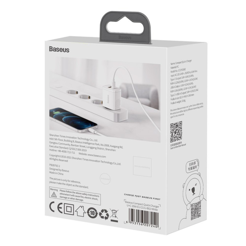 Kompaktiškas USB greitas įkroviklis USB-C 20W 3A PD QC 3.0 baltas
