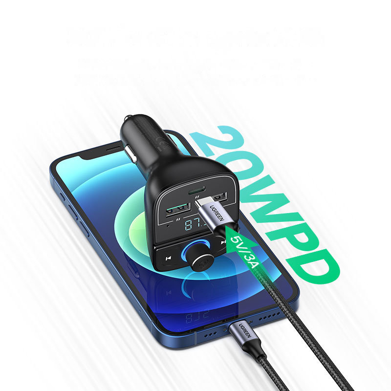 FM MP3 siųstuvas Bluetooth 5.0 automobilinis įkroviklis 3x USB TF microSD juodas
