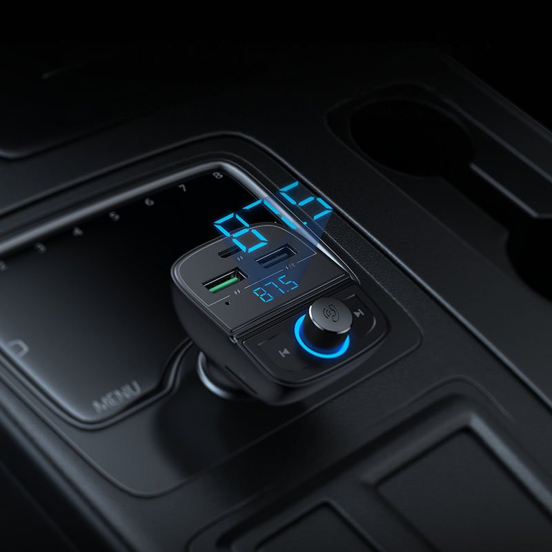 FM MP3 siųstuvas Bluetooth 5.0 automobilinis įkroviklis 3x USB TF microSD juodas