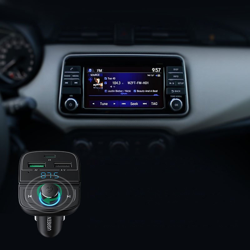 FM MP3 siųstuvas Bluetooth 5.0 automobilinis įkroviklis 3x USB TF microSD juodas