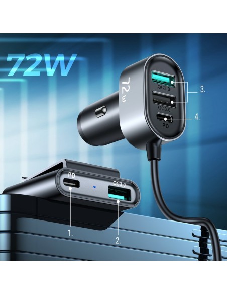
Automobilinis pakrovėjas 5 įrenginiams 2xPD + 2xQC3.0 72W 1.5m juodas
