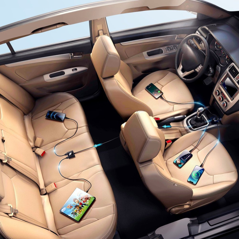 
Automobilinis pakrovėjas 5 įrenginiams 2xPD + 2xQC3.0 72W 1.5m juodas
