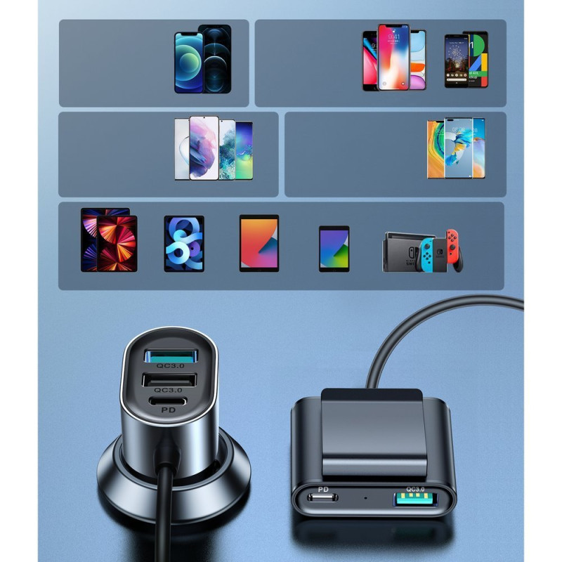 
Automobilinis pakrovėjas 5 įrenginiams 2xPD + 2xQC3.0 72W 1.5m juodas
