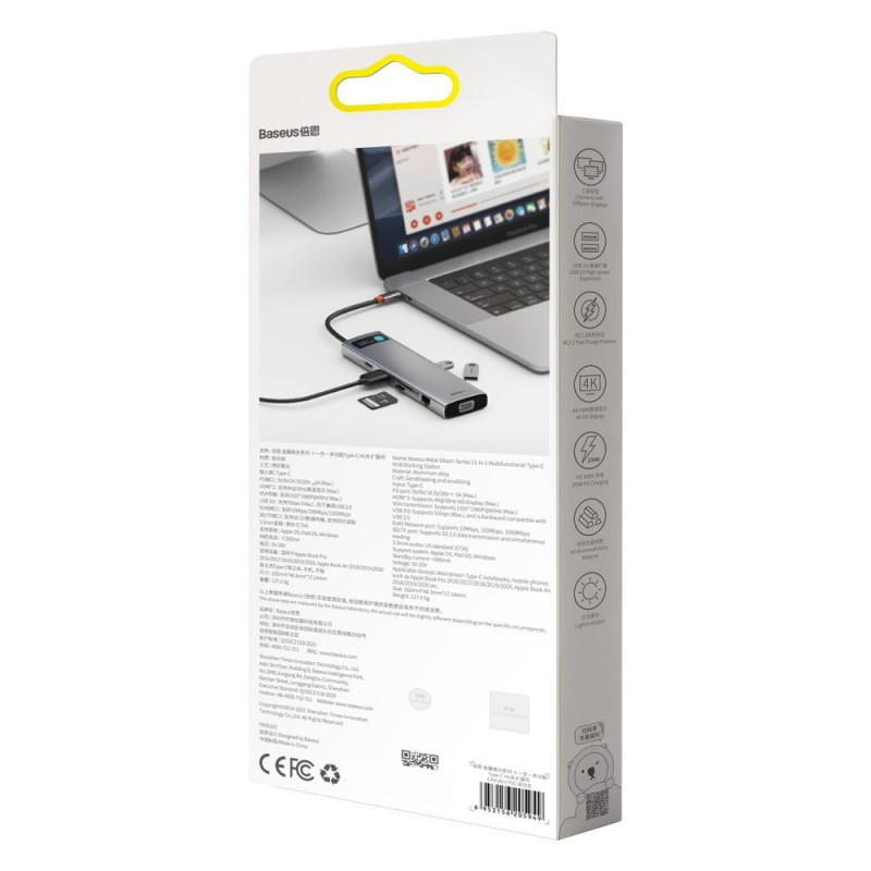 Daugiafunkcis HUB USB-C prievado replikatorius Metal Gleam 11in1 pilkas