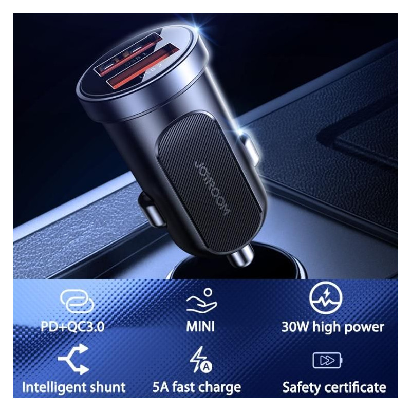 Mini greitas automobilinis įkroviklis 2x USB 30W QC SCP PD AFC juodas