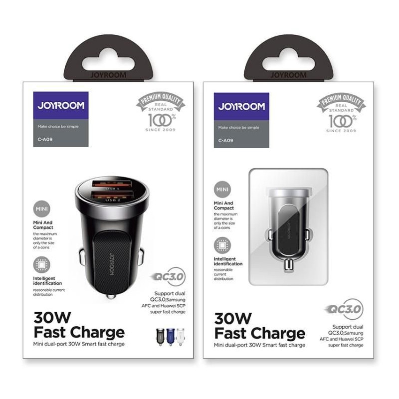 Mini greitas automobilinis įkroviklis 2x USB 30W QC SCP PD AFC juodas