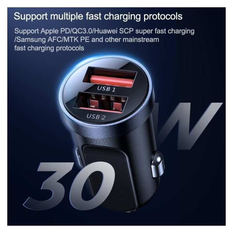 Mini greitas automobilinis įkroviklis 2x USB 30W QC SCP PD AFC juodas