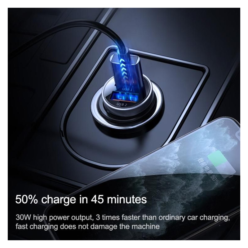 Mini greitas automobilinis įkroviklis 2x USB 30W QC SCP PD AFC juodas